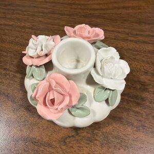 4” Round X 2” T Ceramic Floral Candle Stick Holder